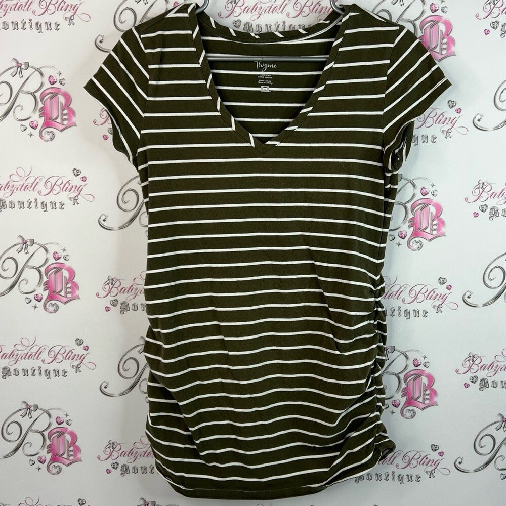 Thyme Maternity tshirt cinch sides Olive and White Striped Short Sleeve Top